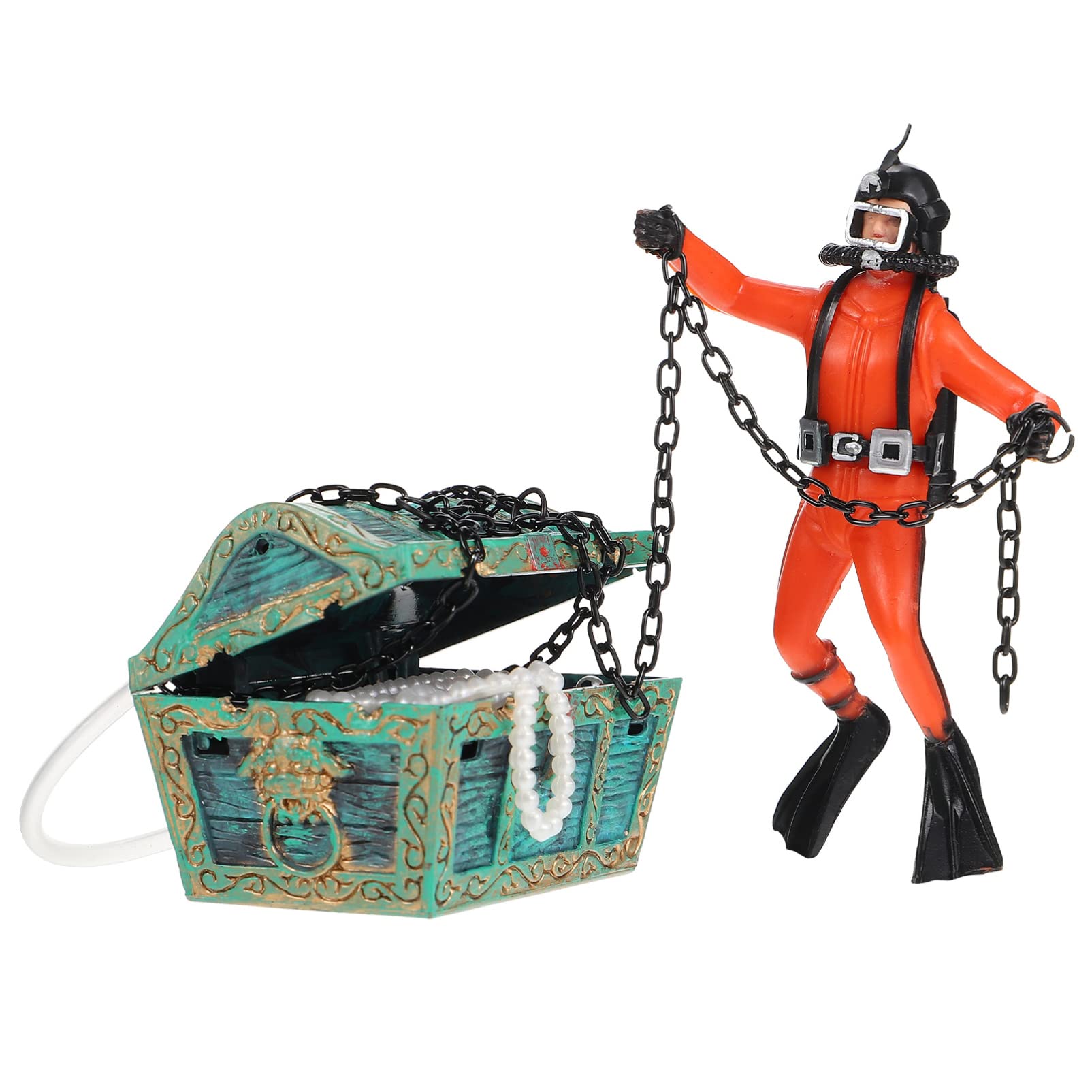 iPetboom Aquarium Treasure Chest Diver Ornament - Underwater Treasure Hunter Action Figure with Air Bubbler for Fish Tank Decor | Orange Underwater Landscape Decoration for Home & Office Aquariums