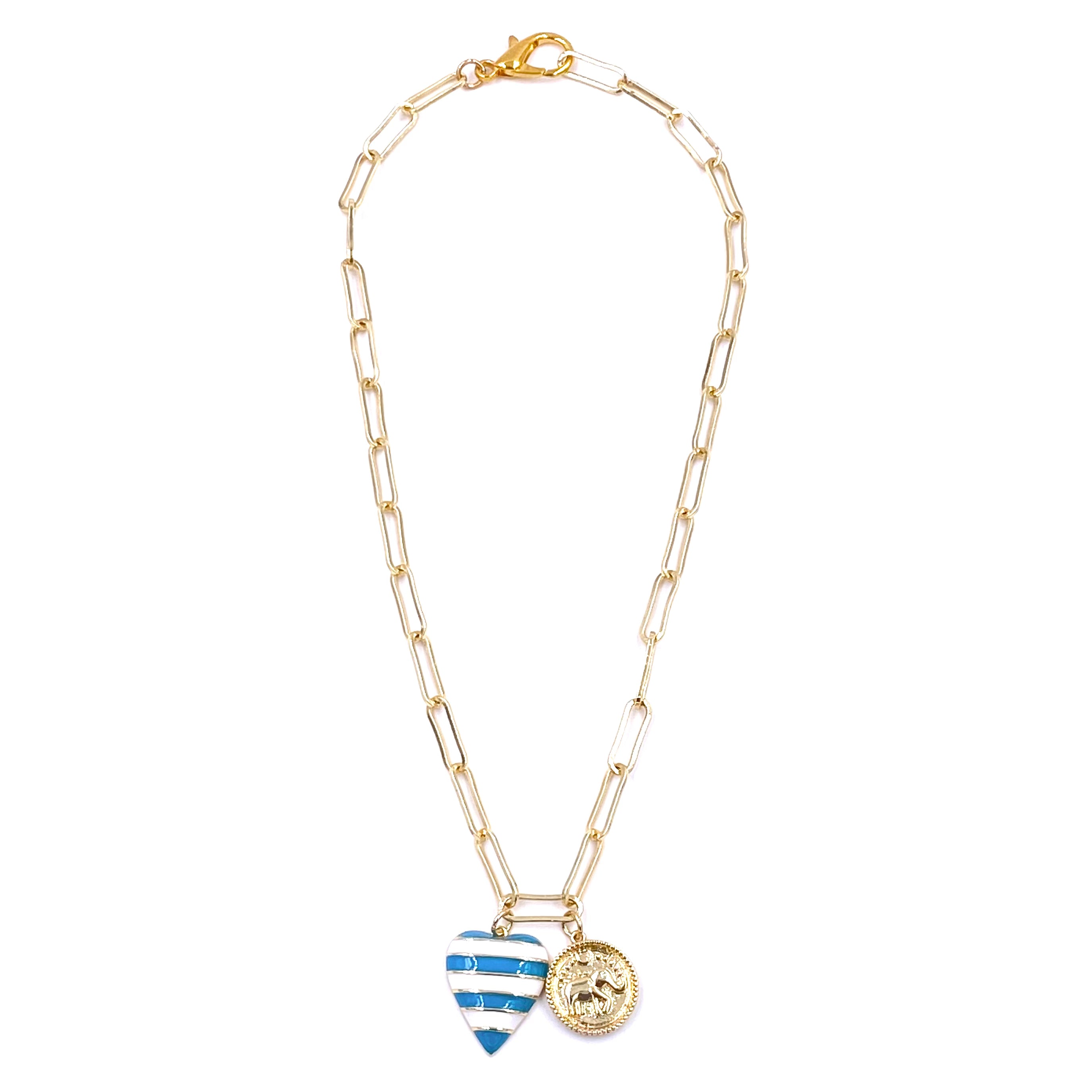 Ashley Gold Stainless Steel Heart & Elephant Charm Necklace - Blue & White Striped Enamel Coin Pendant Jewelry for Women - Perfect for Valentine's Day Gifts, Birthday Presents & Everyday Wear