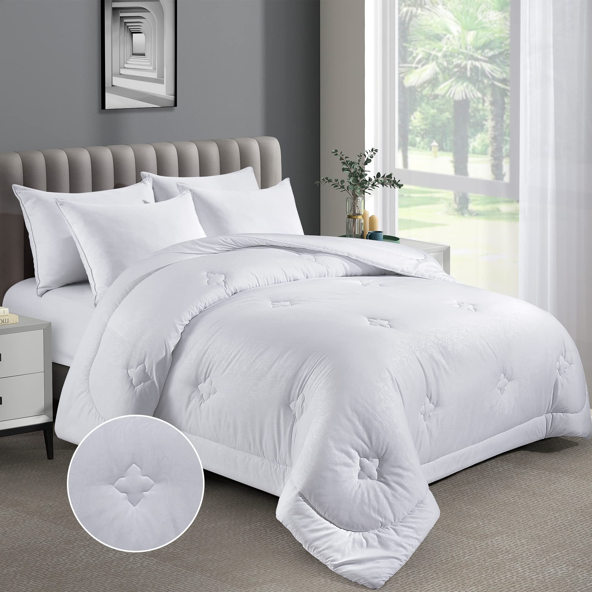 Puredown Twin Size Down Alternative Comforter - Soft All Season Lightweight Quilted Bedding with Corner Tabs & Jacquard Embossing - Hotel Quality Duvet Insert for Bedroom (White, 68x90 Inches) - Perfect for Guest Rooms, Dorms and Cozy Nights