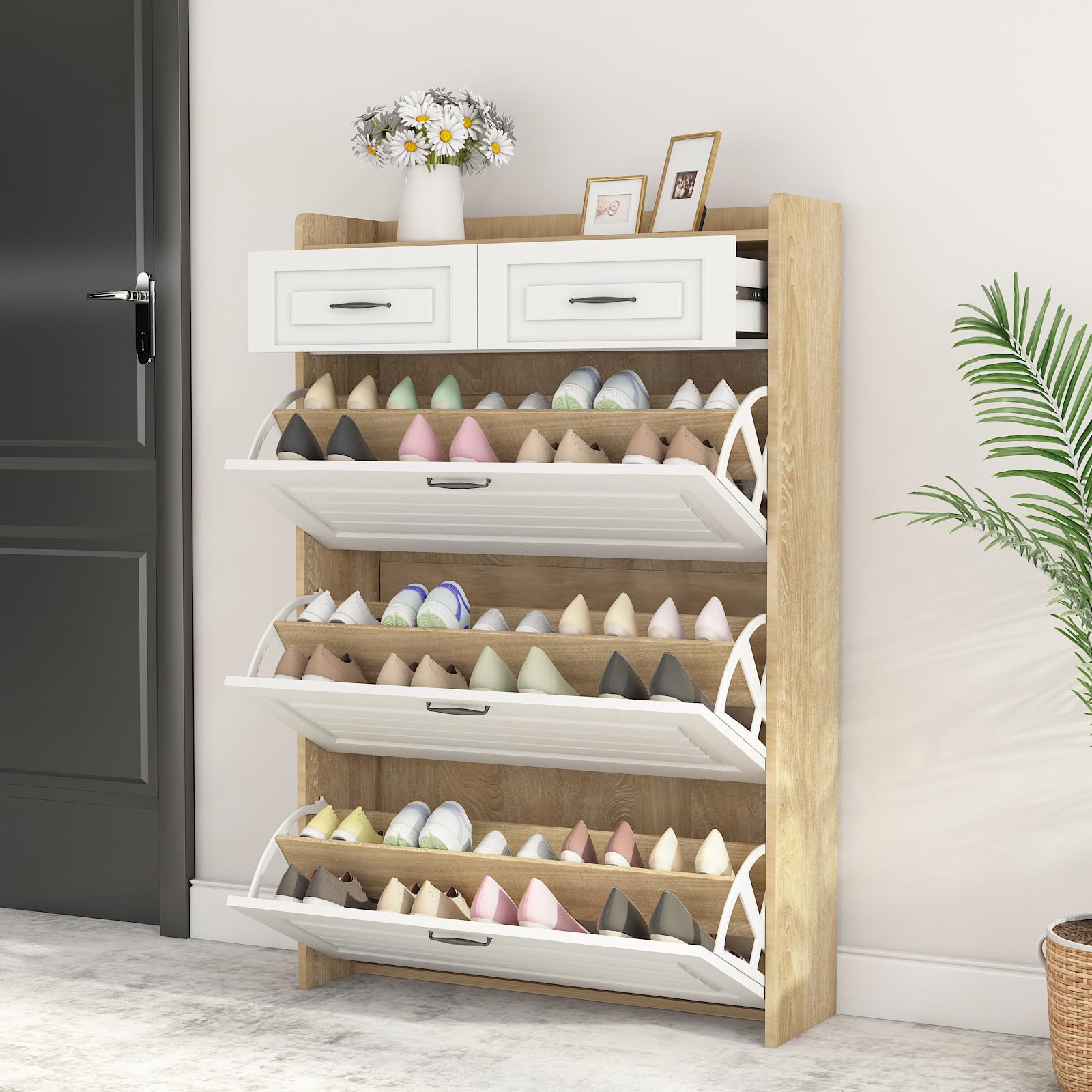 HANLIVES Narrow Shoe Cabinet for Entryway - 3 Doors 2 Drawers Flip Down Shoe Storage Organizer, 4 Tier Slim Wooden Shoe Rack for Hallway & Apartment - Perfect for Small Spaces, Entryway Organization and Shoe Storage Solutions