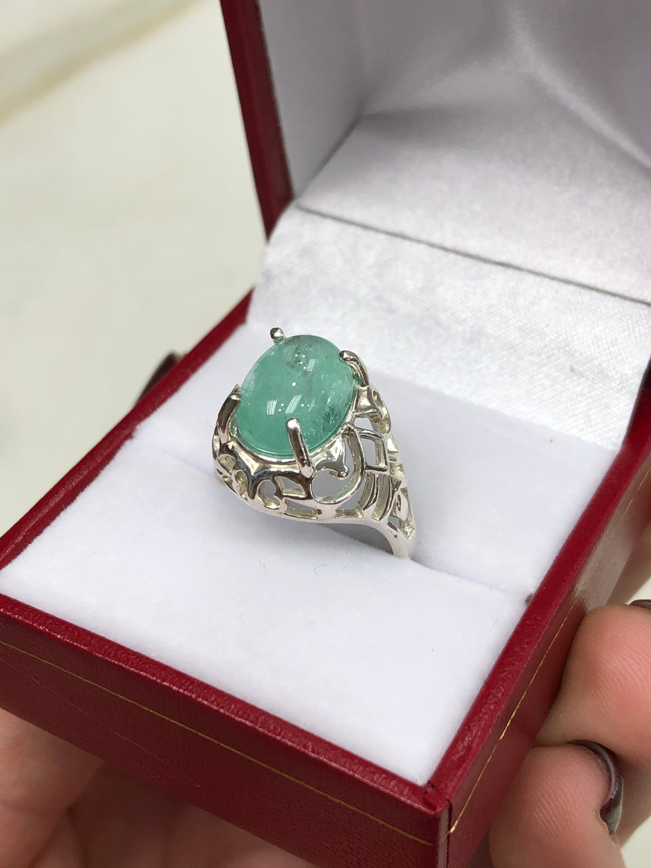 3.57 Carat Natural Emerald Freeform Cabochon Solitaire Ring in 925 Sterling Silver - Perfect for Engagement, Anniversary & Special Occasion Jewelry Gifts