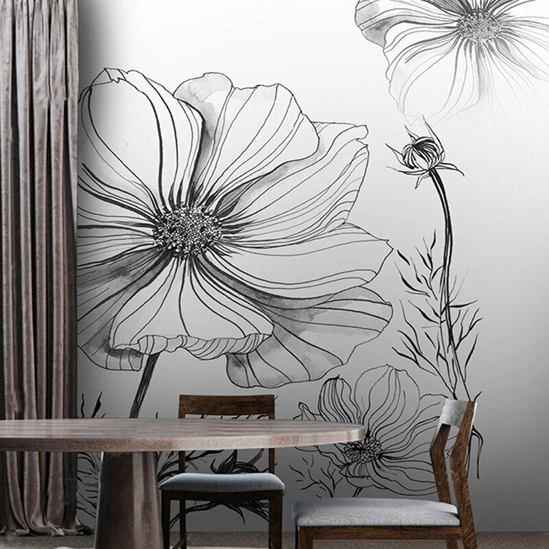 Sketch Flower Wallpaper Mural - Unique Hand-Drawn Floral Design for Living Room, Bedroom & Office Decor | Peel & Stick Removable Wall Art