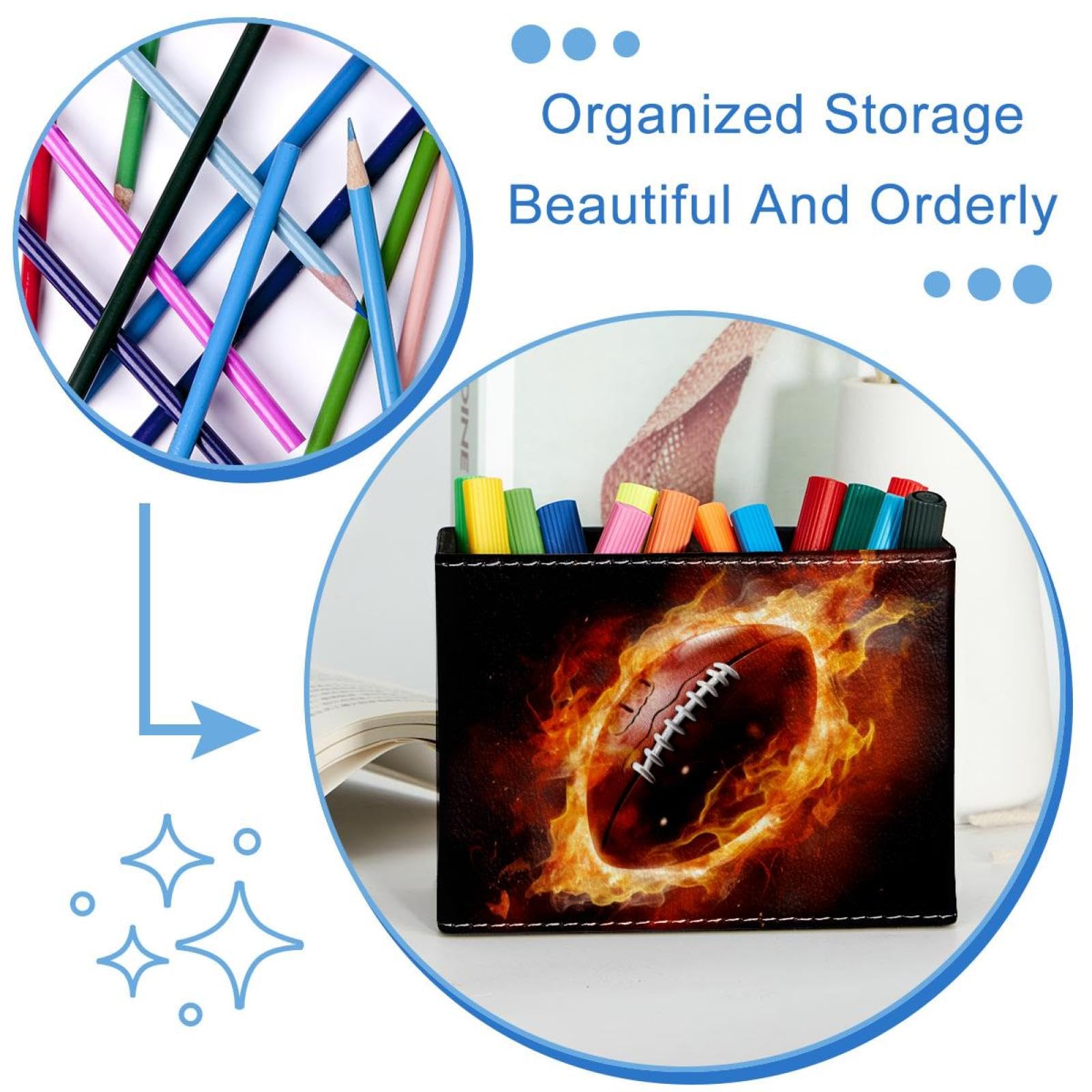 Premium Desk Pen Holder & Pencil Organizer - American Football & Fire Design - Office Supplies for Home, School, and Workplace Organization