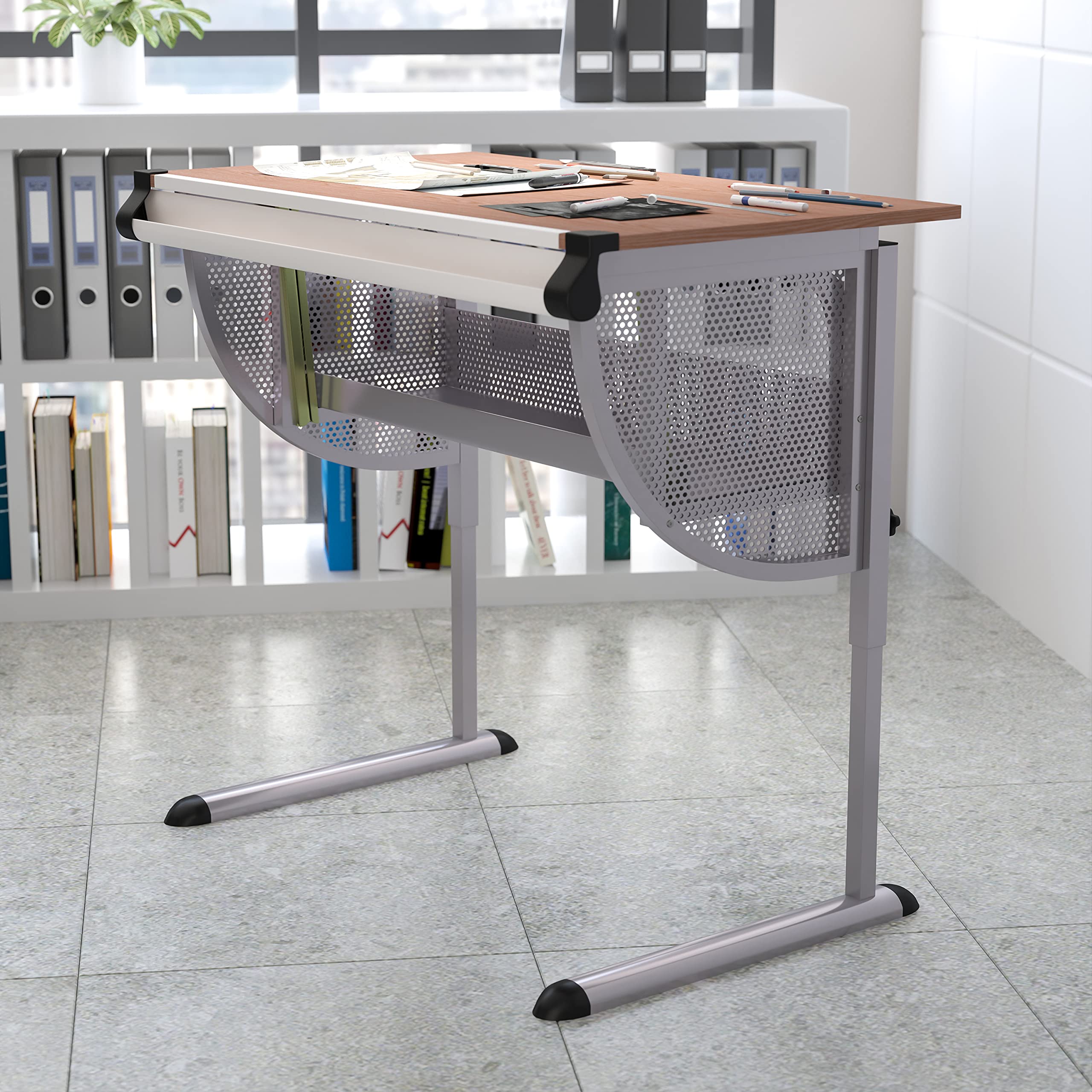 Flash Furniture Berkley Adjustable Drafting Table with Pewter Frame - Ergonomic Design for Artists, Architects & Students - Perfect for Home Office, Studio & Classroom Use