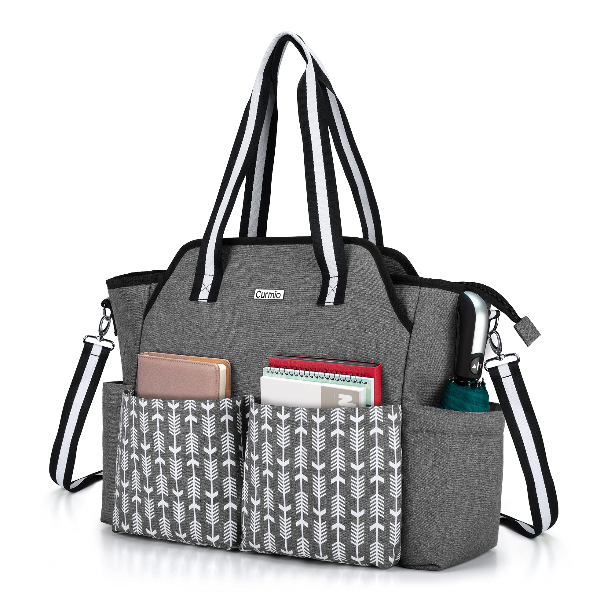 **CURMIO Women's Teacher Tote Bag with Shoulder Strap & Padded Laptop Sleeve - Portable Work Bag for Women, Perfect Teacher Gift (Gray with Arrow) - Ideal for School, Office, and Commuting**