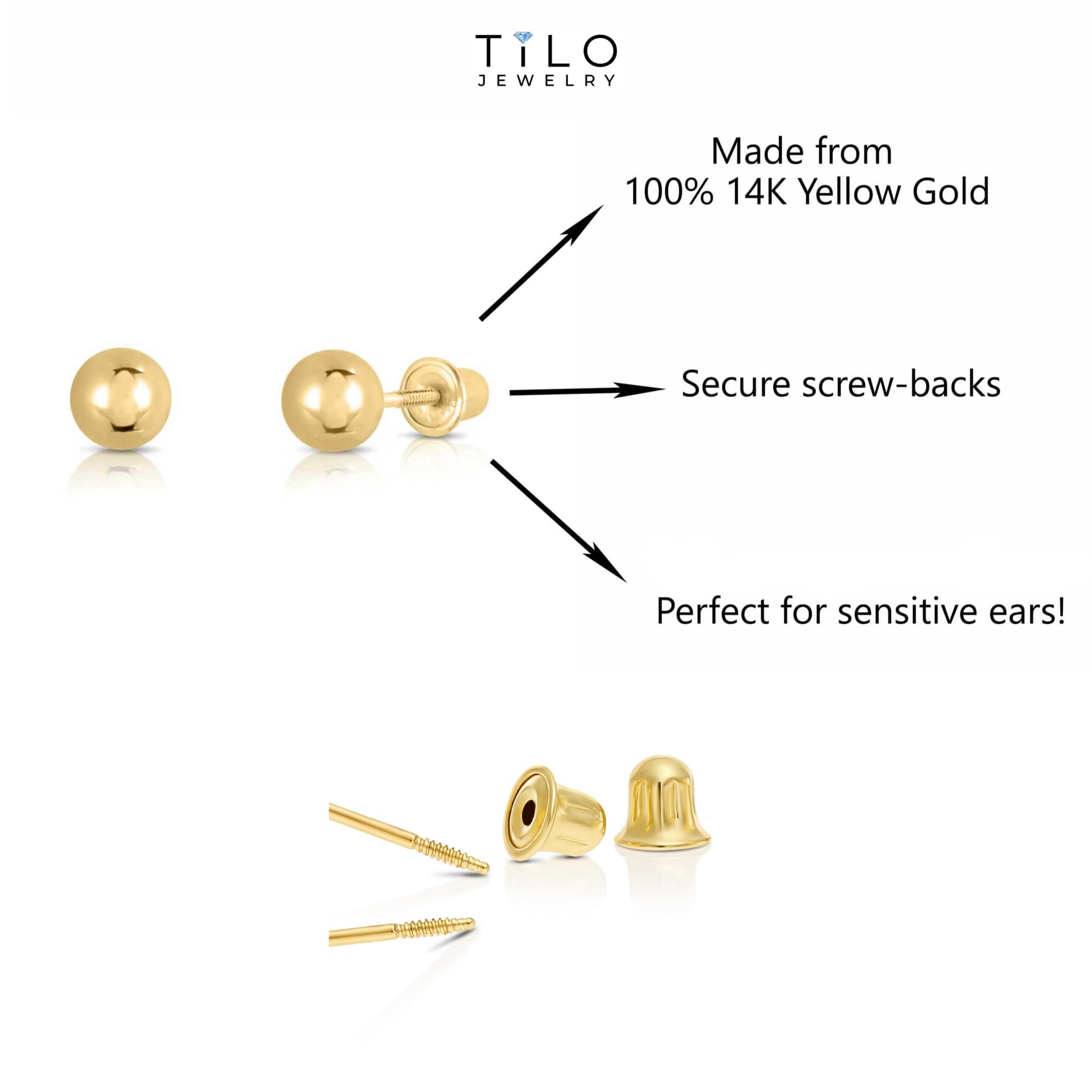 14K Yellow Gold Ball Stud Earrings with Secure Screw Backs – Hypoallergenic & Tarnish Resistant Jewelry for Women, Perfect for Everyday Wear, Gifts & Special Occasions