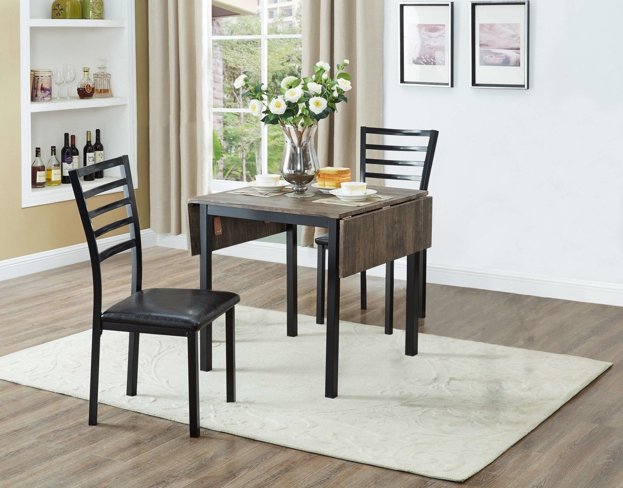 Rustic 3-Piece Dining Set - Distressed Wood Table & Gunmetal Chairs for Kitchen, Breakfast Nook, or Small Space Dining | Farmhouse Style Furniture