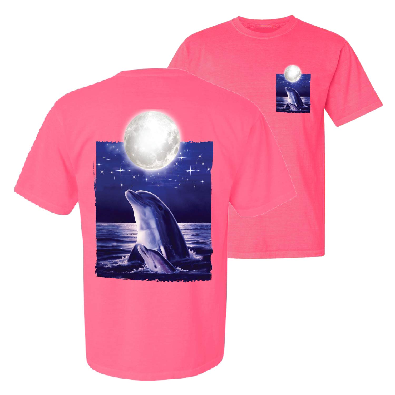 Nautical Full Moon Bottlenose Dolphin T-Shirt - Animal Lover Graphic Tee - Front & Back Garment-Dyed Short Sleeve Cotton Shirt - Perfect for Beach, Ocean Theme Parties & Casual Wear