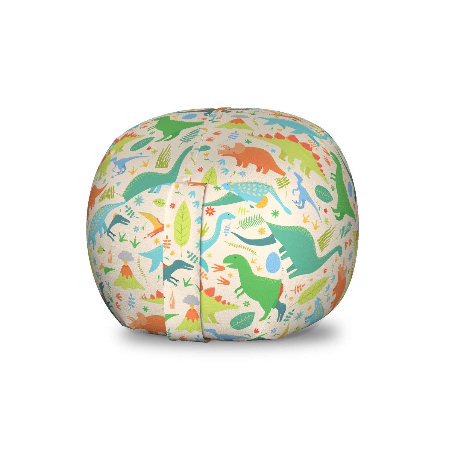 Ambesonne Dino Storage Toy Bag Chair - Washable Stuffed Animal Organizer with Colorful Mammal Animals Volcano & Leaves Pattern - Small Size (Ecru & Multicolor) - Perfect for Kids' Room, Playroom & Toy Storage Organization
