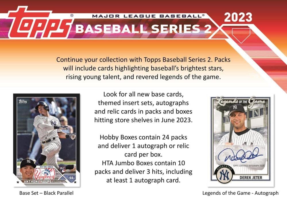 2023 Topps Series 2 Baseball Jumbo Box - 10 Packs/46 Cards with 1 Autograph, 2 Relics & 2 Silver Packs | MLB Trading Cards Collection for Collectors & Fans | Perfect for Sports Memorabilia Displays & Fantasy Baseball Enthusiasts
