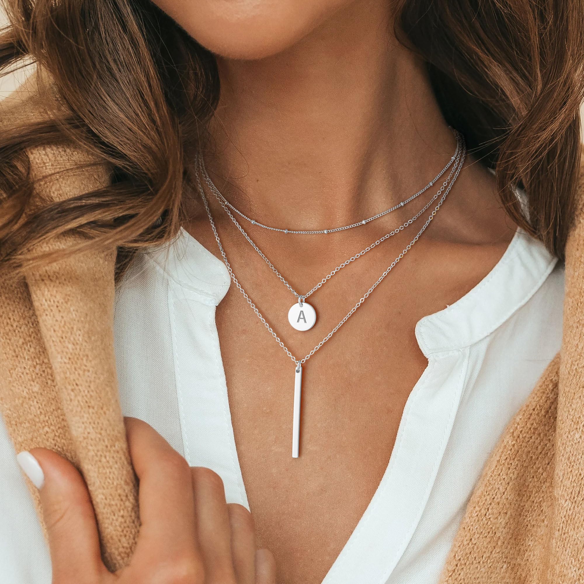 14K Gold Plated Initial Layered Necklace for Women - Personalized Letter Coin & Bar Stacking Necklace Jewelry | Perfect for Everyday Wear, Gift Giving & Layered Necklace Styling
