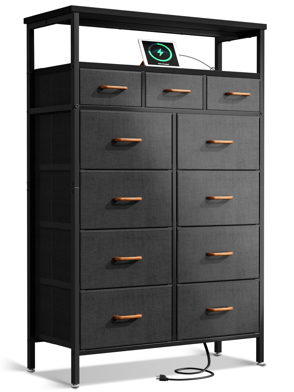 AODK 59-Inch Tall Dresser with Charging Station & 11 Storage Drawers - Large Fabric Dresser with Sturdy Metal Frame & Wooden Top for Bedroom Organization - Dark Grey - Perfect for Small Spaces, Apartment Living & Master Bedroom Storage