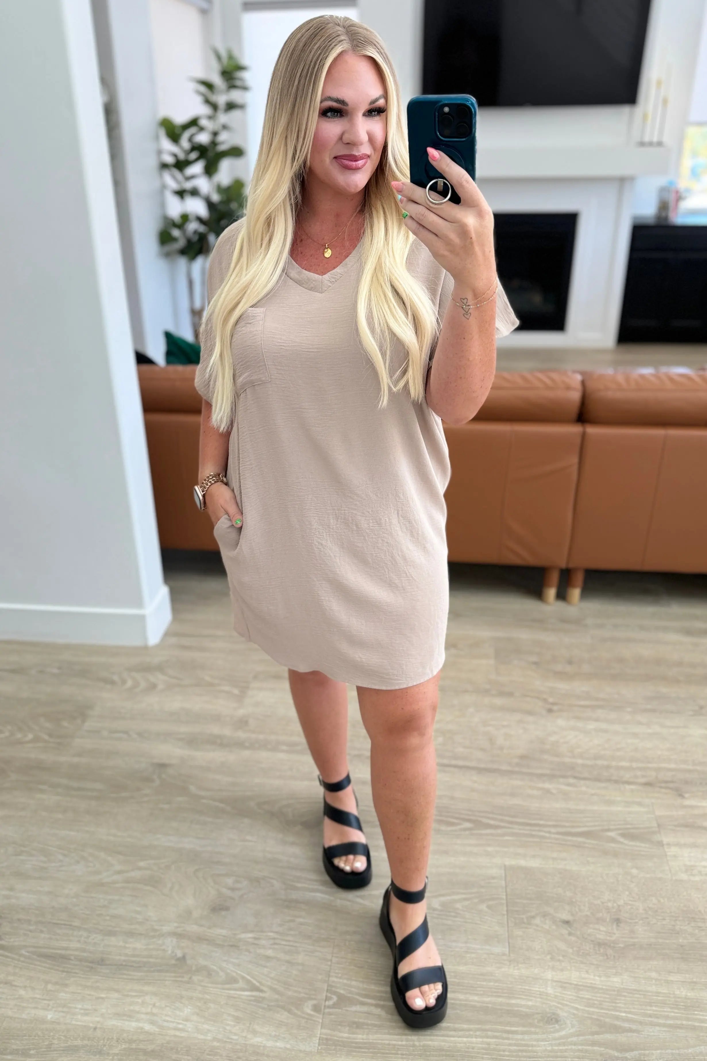 Go Go Girl V Neck T-Shirt Dress in Light Mocha - Casual Summer Dress for Women, Perfect for Beach, Shopping & Date Nights