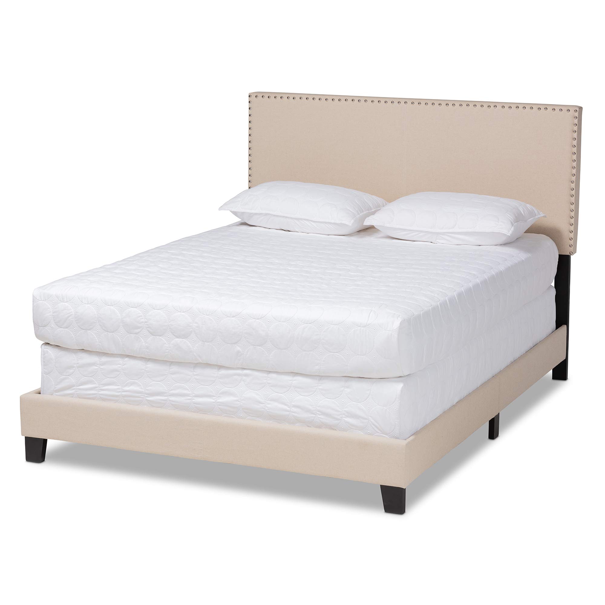 Baxton Studio Full Size Bed Frame with Headboard - Beige & Black Upholstered Platform Bed (Box Spring Required) for Modern Bedroom Decor