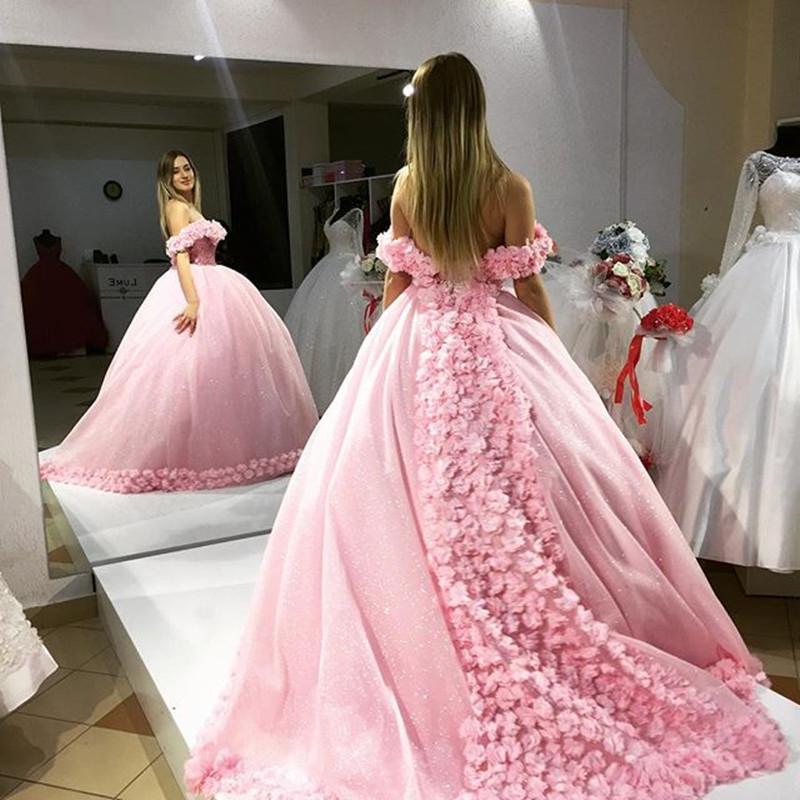 Elegant Blush Pink Organza Ball Gown Wedding Dress with Floral Details - Perfect for Bridal, Prom & Formal Events
