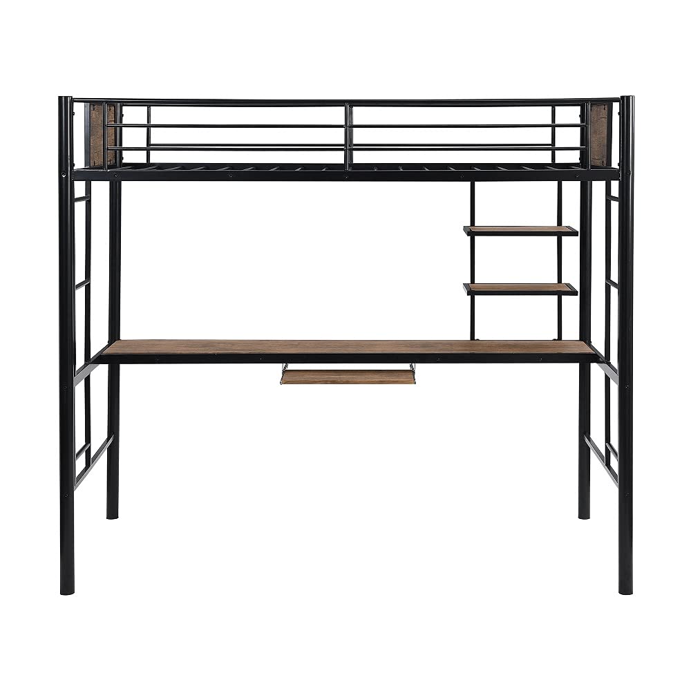 Twin Size Metal Bunk Bed Frame with Bilateral Ladders, Safety Guardrails, Built-in Desk & Bookcase - Space-Saving Loft Bed with Keyboard Tray for Kids & Teens | Perfect for Small Bedrooms, Dorms & Shared Kids' Rooms