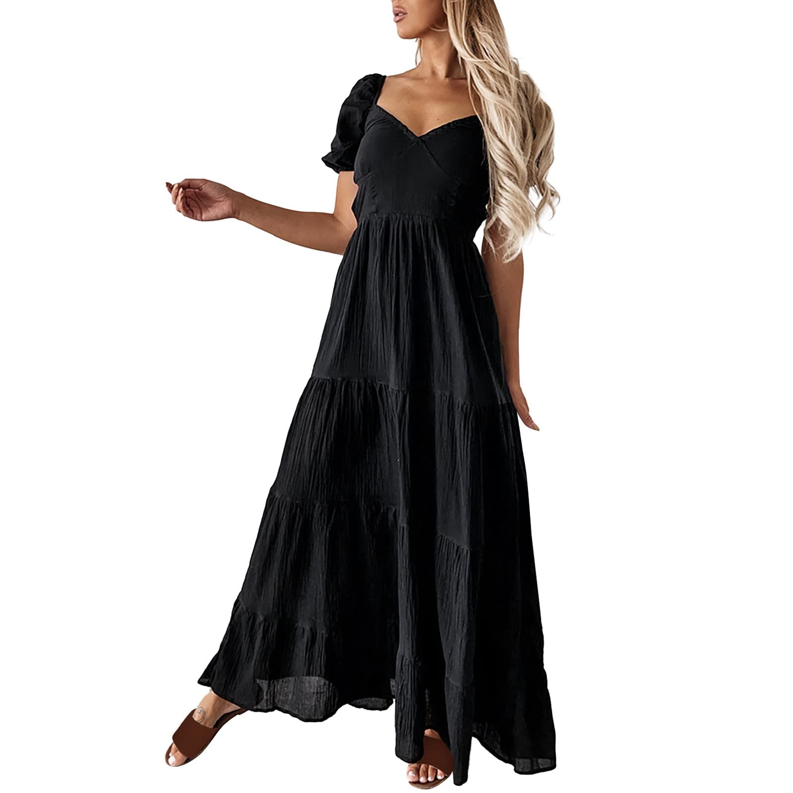 Women's Vintage Flowy Short Party Maxi Dress - V Neck Ruffled Puff Sleeve Summer Dress for Beach, Wedding & Casual Outings