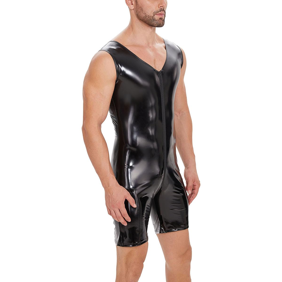 Sexy Men's Leather Bodysuit with Zipper & Open Crotch - Shiny Latex Wet Look Leotard for Adults (Black) | Perfect for Fetish Wear, Cosplay & Sensual Roleplay