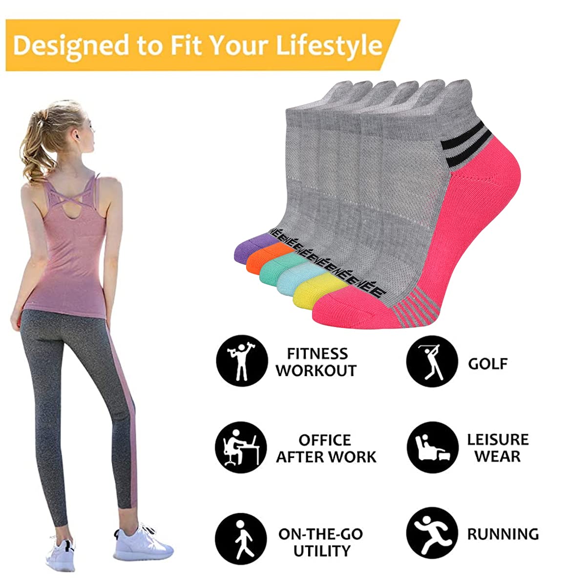 JOYNÉE Women's Ankle Cushioned Socks 6 Pack - Athletic Low Cut Running Socks with Heel Tab for Sports, Workout & Everyday Comfort