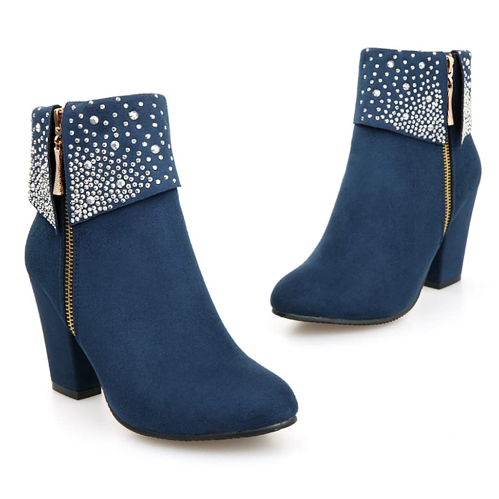 Mioke Women's Chunky Block Heel Ankle Boots - Rhinestone Decor Round Toe Suede Booties with Side Zipper for Party, Night Out & Date Night