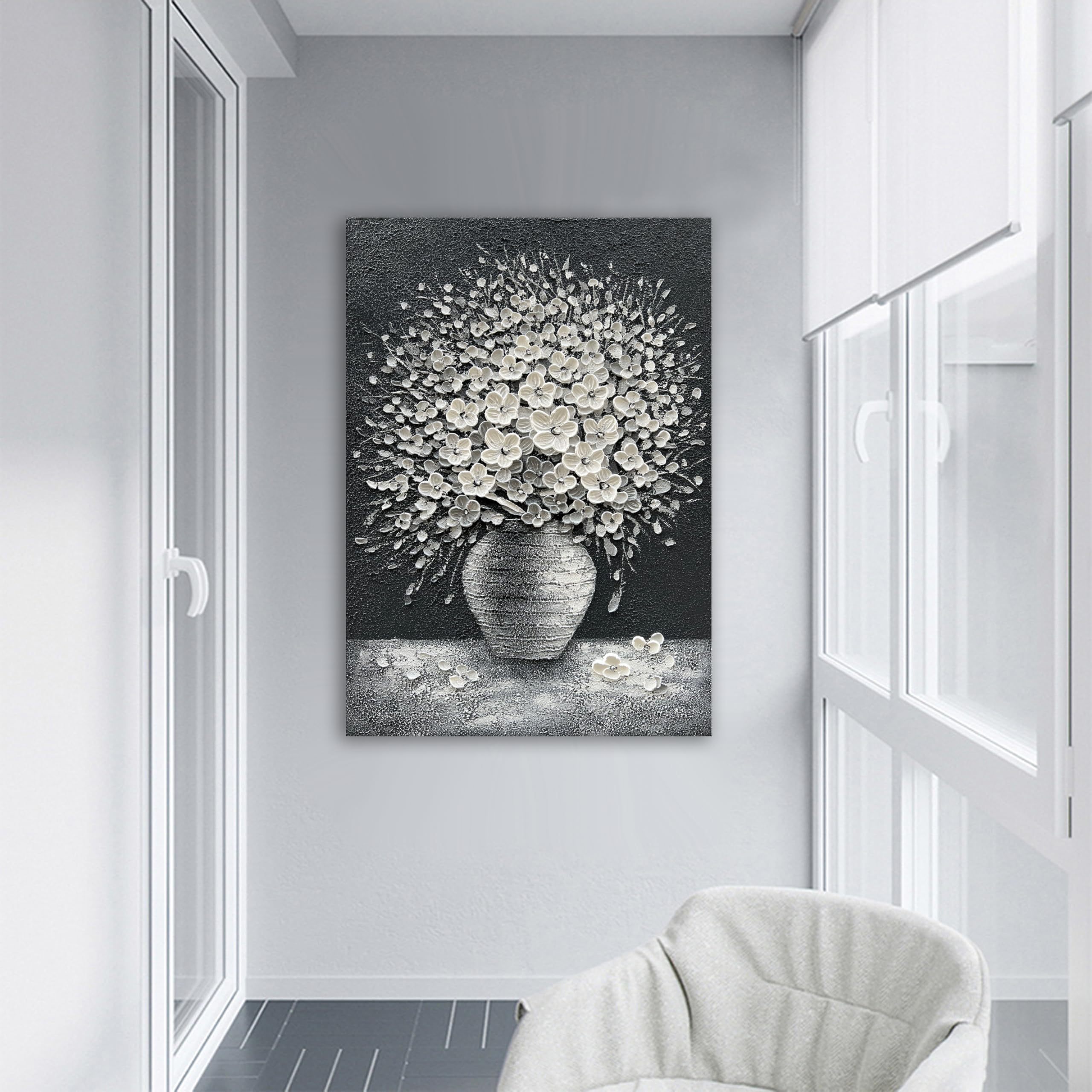 Hand-Painted Abstract White Flower Oil Painting on Canvas - 40x28 Inch Wall Art for Home & Office Decor | Modern Floral Artwork for Living Room, Bedroom, and Workspace