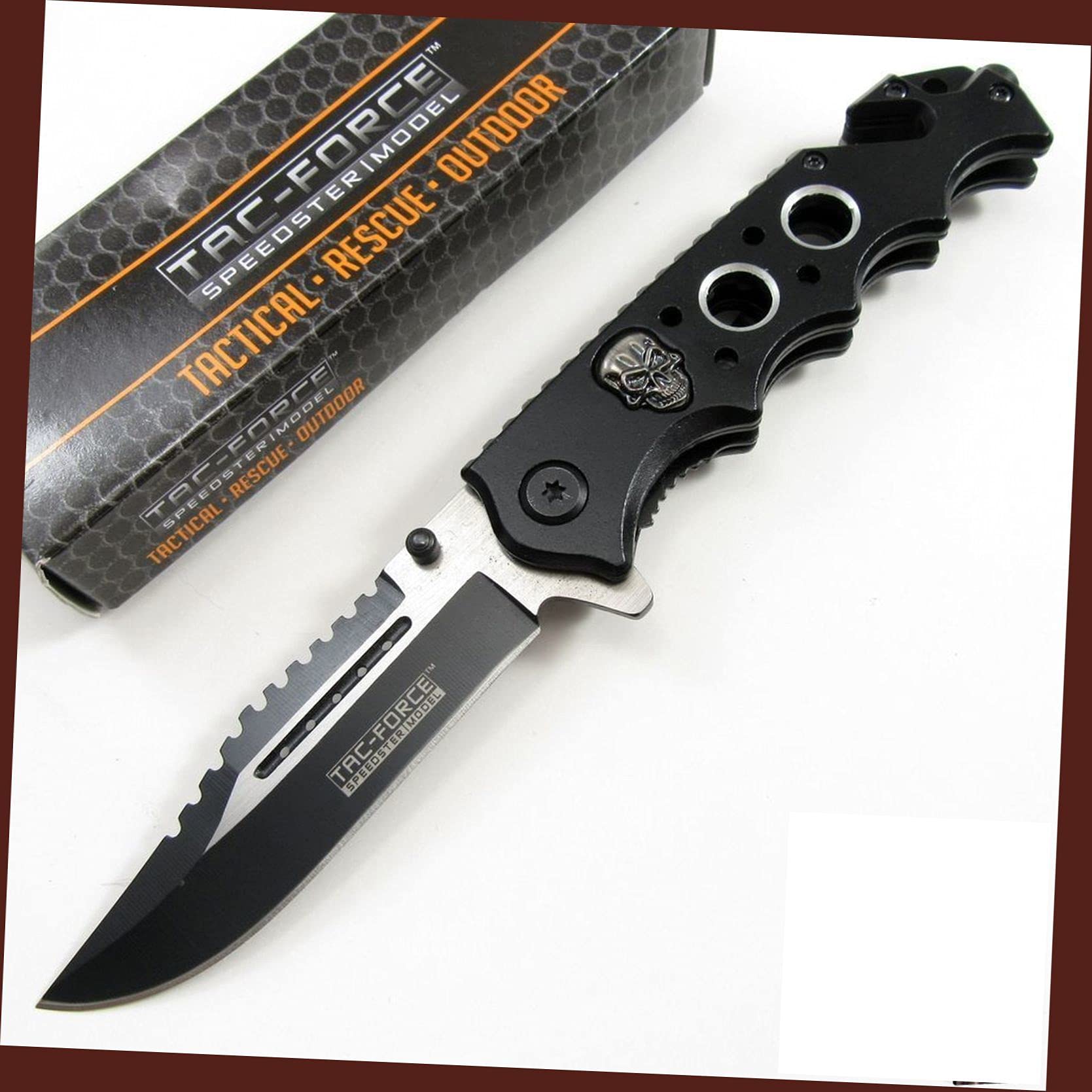 SPRING ASSIST FOLDING POCKET KNIFE - Black Skull Tactical Rescue Knife TF809BK | EDC, Outdoor Survival, Camping & Emergency Tool