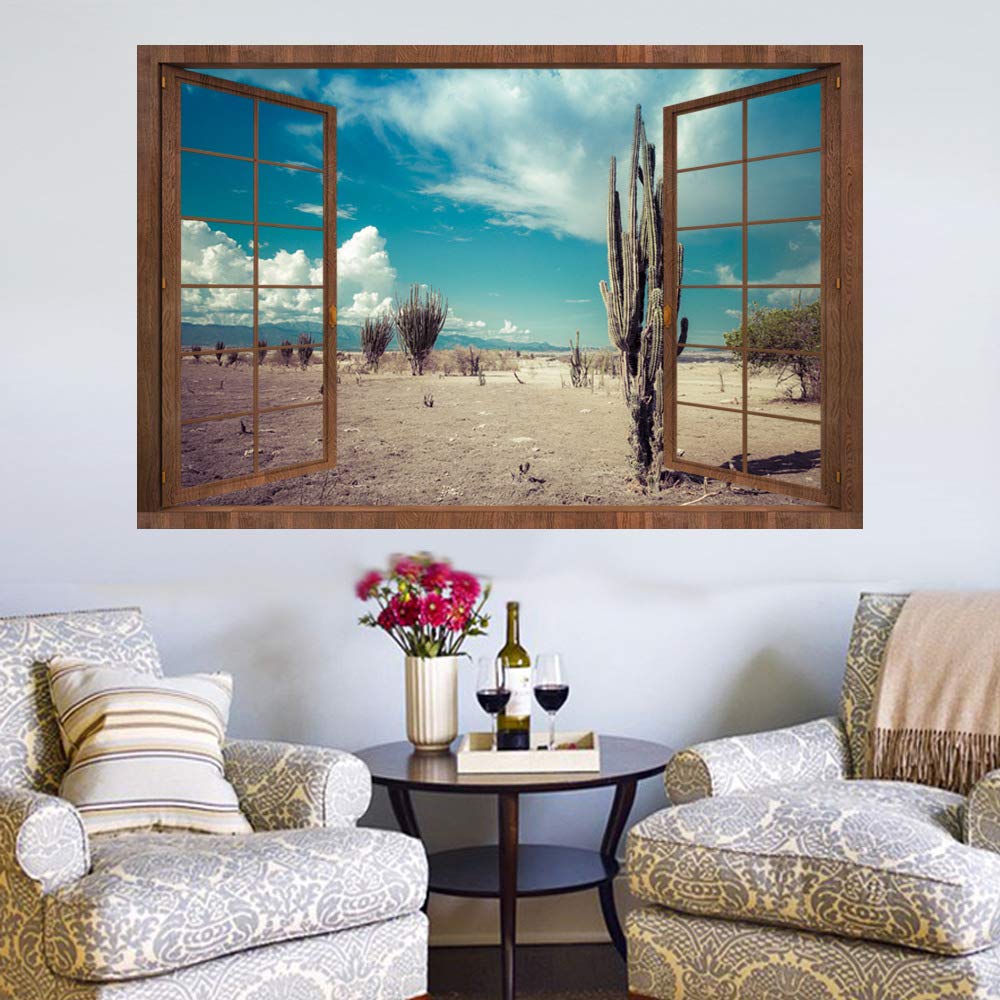 DNVEN 28x20 Inches 3D Fake Wood Window Decal - Cactus Desert Oasis HD Faux Window Frame Vinyl Wall Sticker for Bedroom, Living Room & Playroom Decor | Perfect for Home, Office & Nursery Wall Art