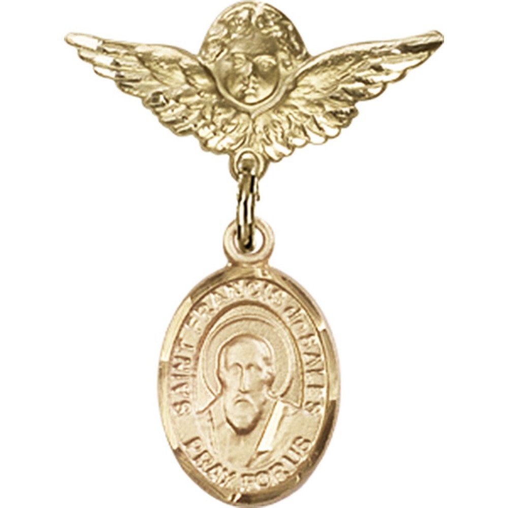 St. Francis de Sales Gold Filled Baby Badge Pin with Angel Wing Charm - 1 x 3/4 Inch Religious Jewelry for Baptism, Christening & First Communion Gifts