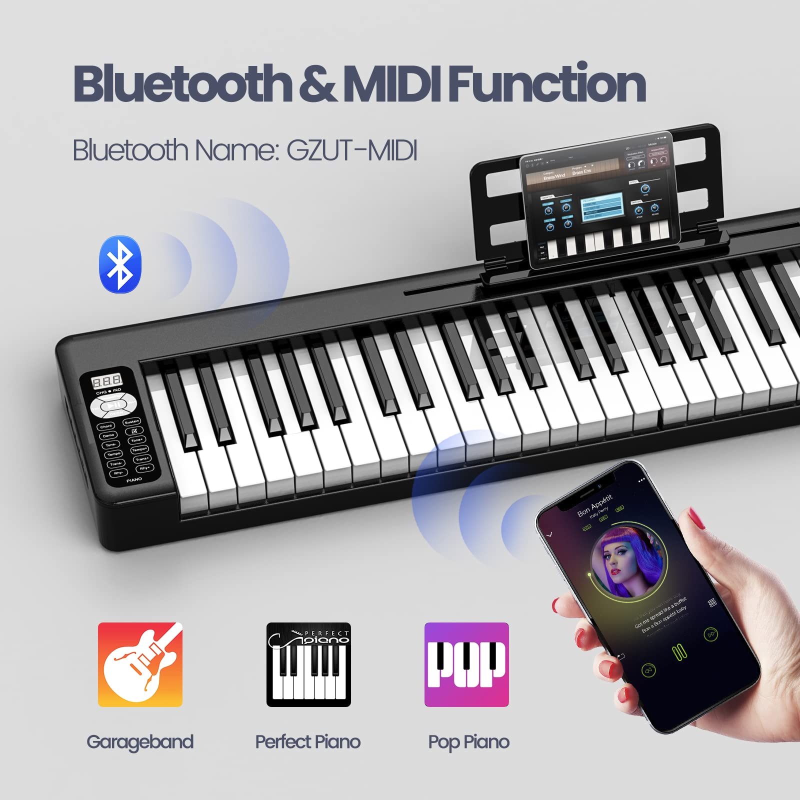 61-Key Folding Digital Piano Keyboard with Bluetooth - Rechargeable, Touch Sensitive & Semi-Weighted Keys | Portable Electric Piano for Beginners, Teens & Adults | Includes Piano Bag & Stand | Perfect for Home Practice, Music Lessons & Live Performances