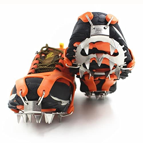 XinQt 18 Teeth Anti-Slip Ice Cleats for Winter Hiking, Snow Walking & Ice Fishing - Manganese Steel Crampons for Men & Women (Orange, Size L 41-46) - Perfect for Outdoor Adventures on Slippery Terrain