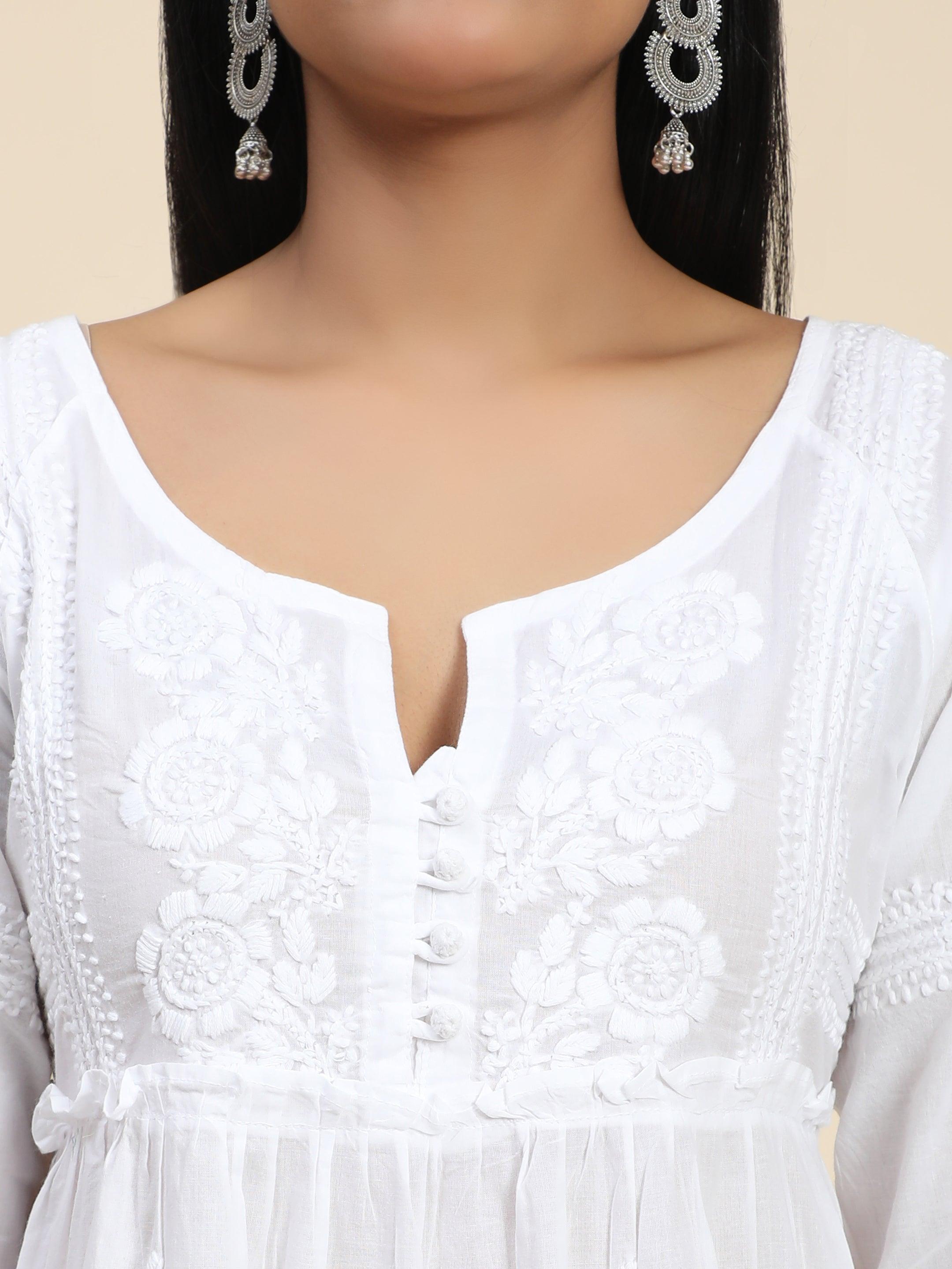Elegant Noor Hand Embroidered Chikankari Dress for Women - White | Perfect for Weddings, Parties & Special Occasions