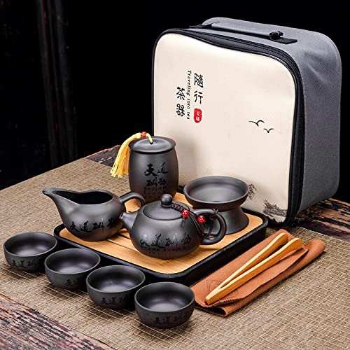 Premium Ceramic Kungfu Tea Set - Portable Travel Teapot with Purple Clay Gaiwan & Teacups | Chinese Tea Ceremony Set | Perfect Gift for Tea Lovers | Ideal for Outdoor Travel, Camping & Home Tea Parties