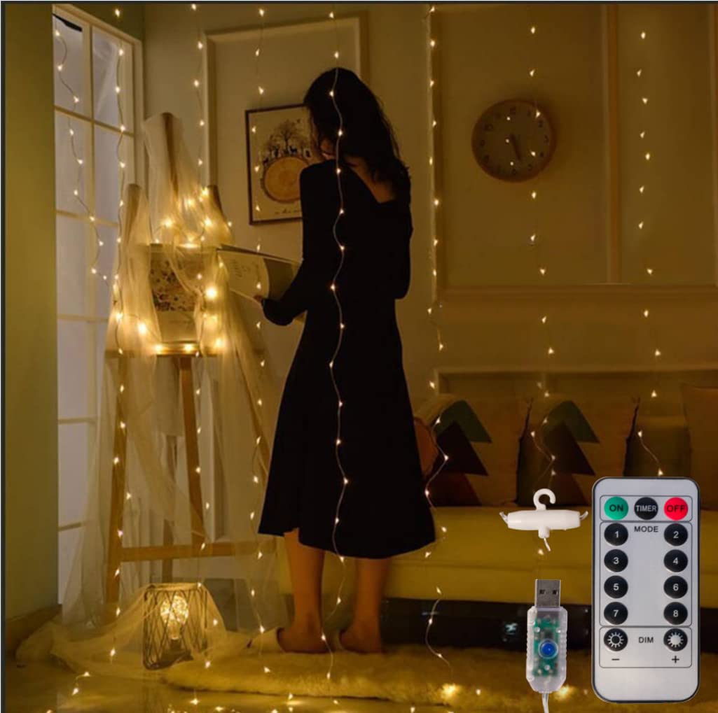 300 LED Copper String Lights with Remote - 8 Modes USB Powered Indoor Window Curtain Lights for Bedroom, Wedding, Party & Christmas Decor (Warm White) | Perfect for Home, Room Wall Decorations and Holiday Lighting