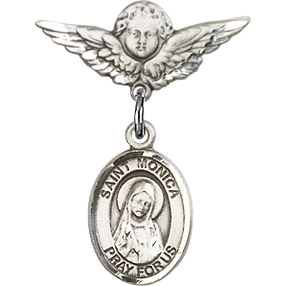 St. Monica Sterling Silver Baby Badge with Angel Wing Charm - 7/8 X 3/4 Inch Religious Pin for Baptism, Christening & First Communion Gifts