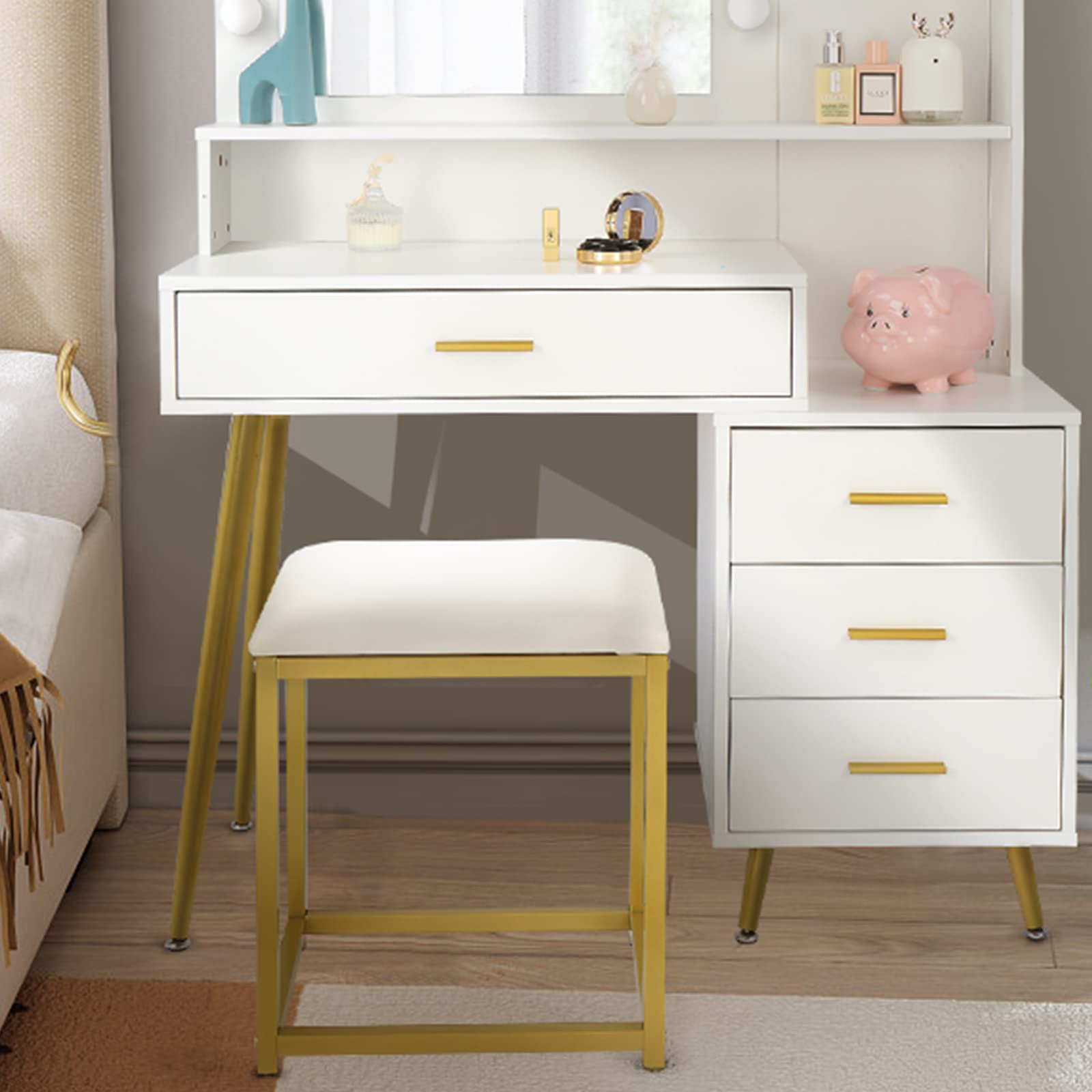 FCH Vanity Stool with Metal Legs & Cushioned Seat - Beige Makeup Chair for Dressing Table, Bedroom & Bathroom - Perfect for Makeup, Hair Styling & Relaxing