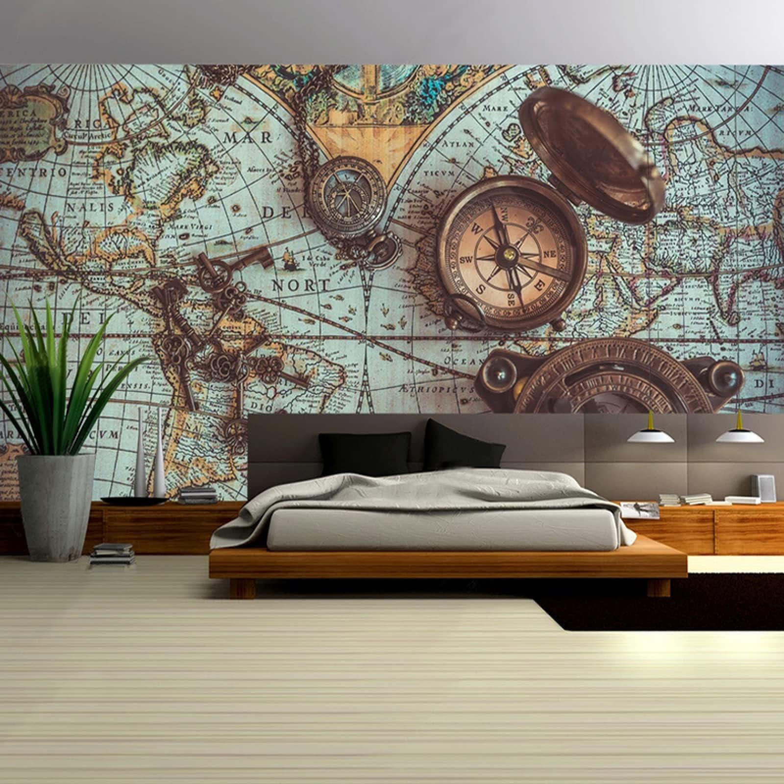 World Map Wall Mural - Large Peel and Stick Wallpaper with Compass Design for Bedroom, Living Room, Dining Room & Office Decor - 118