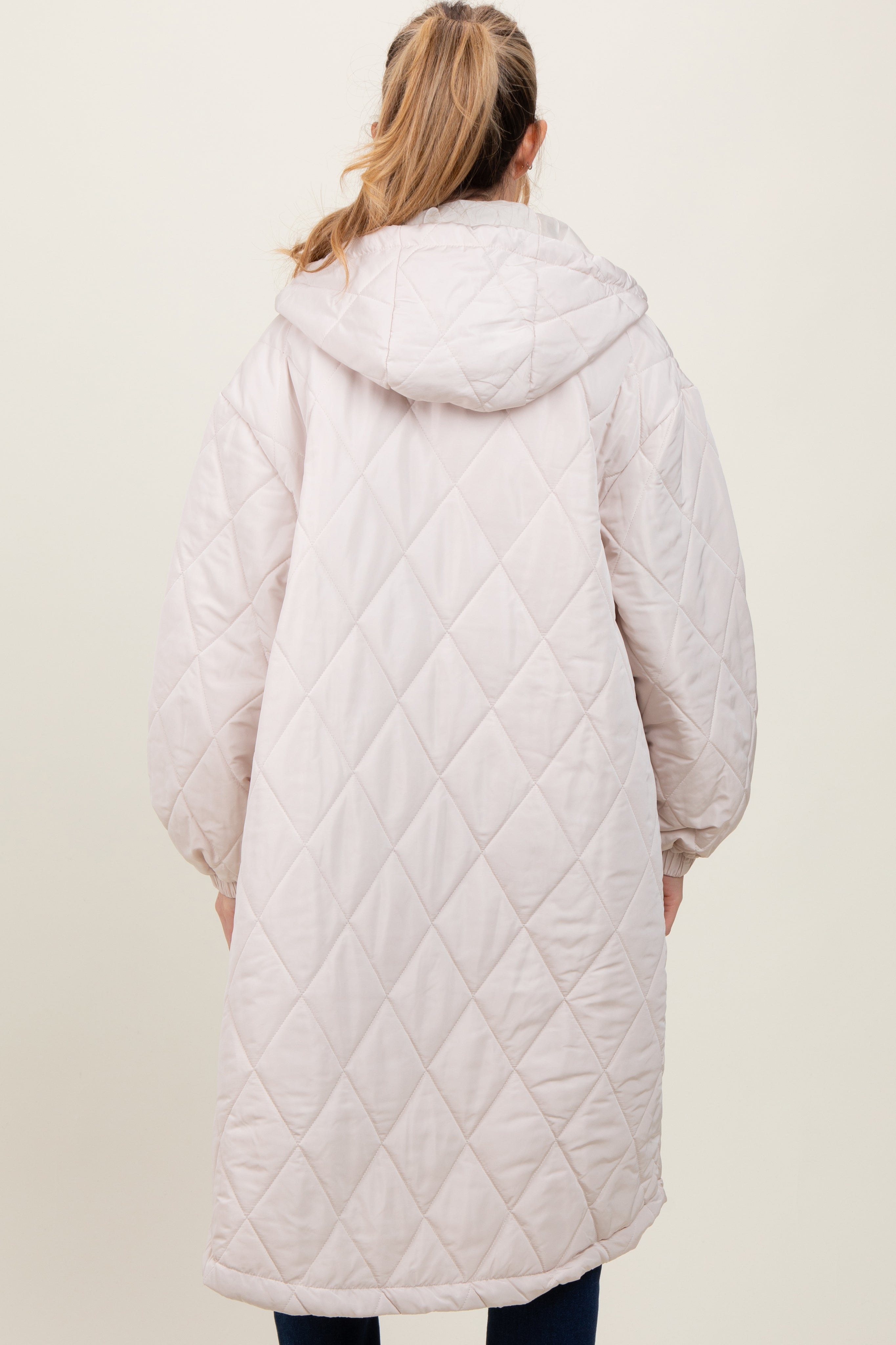 Beige Quilted Long Maternity Puffer Jacket - Warm Winter Coat for Pregnant Women | Perfect for Outdoor Activities & Cold Weather Protection