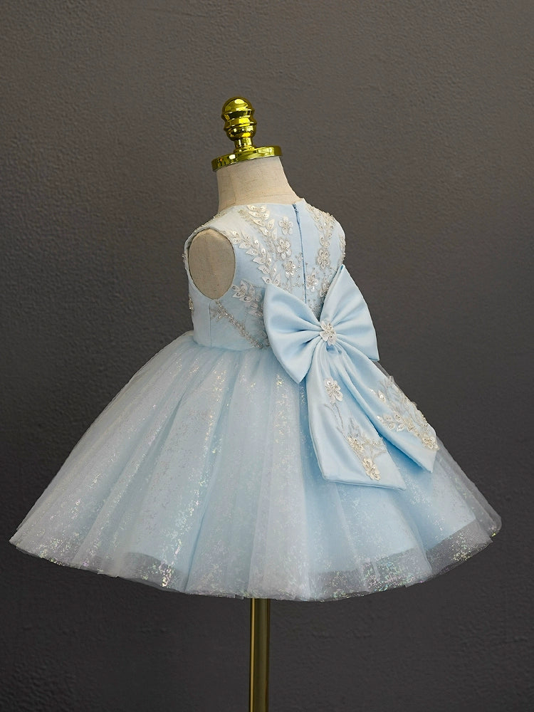 Elegant A-Line Round Neck Tea-Length Tulle Flower Girl Dress in Blue - Perfect for Weddings, Parties & Special Occasions