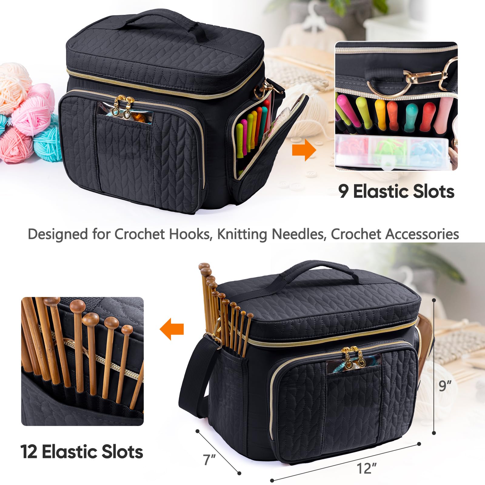Crochet Bag Organizer with Pockets - Yarn Storage & Knitting Bag for Crochet Hooks & Accessories - Portable Craft Organizer for Knitting, Crocheting, Travel & Home Use