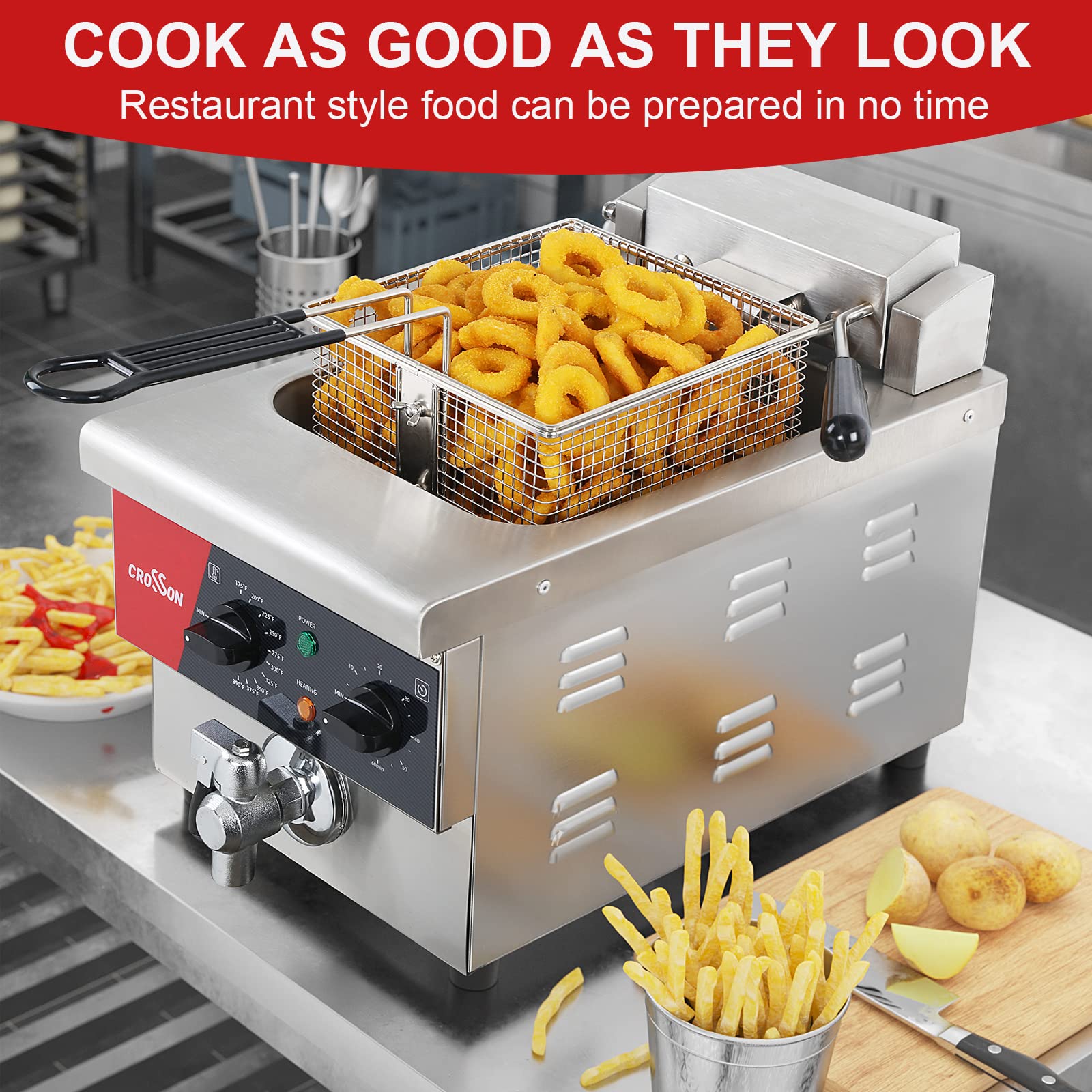 CROSSON 6L Commercial Electric Deep Fryer with Timer, Drain & Lid - 1800W Countertop Deep Fryer for Restaurants, Fast Food & Home Use - Perfect for Frying Chicken, French Fries & Seafood