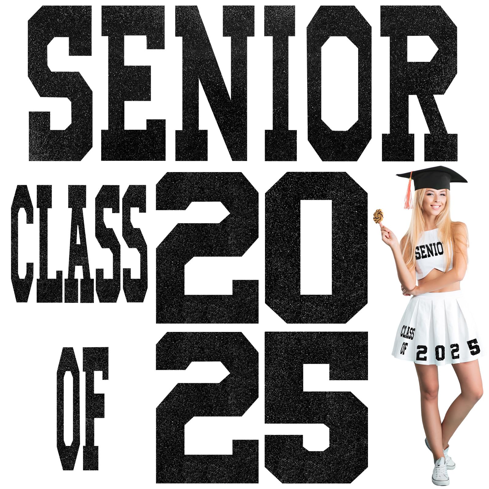 Yinkin Class of 2025 Iron On Patches - Glitter Graduation Decals for DIY Crafts - Senior Year Transfer Letters for Fabric, T-Shirts, Caps & Skirts (Black) - Perfect for Graduation Parties, School Spirit Events & Memory Keepsakes
