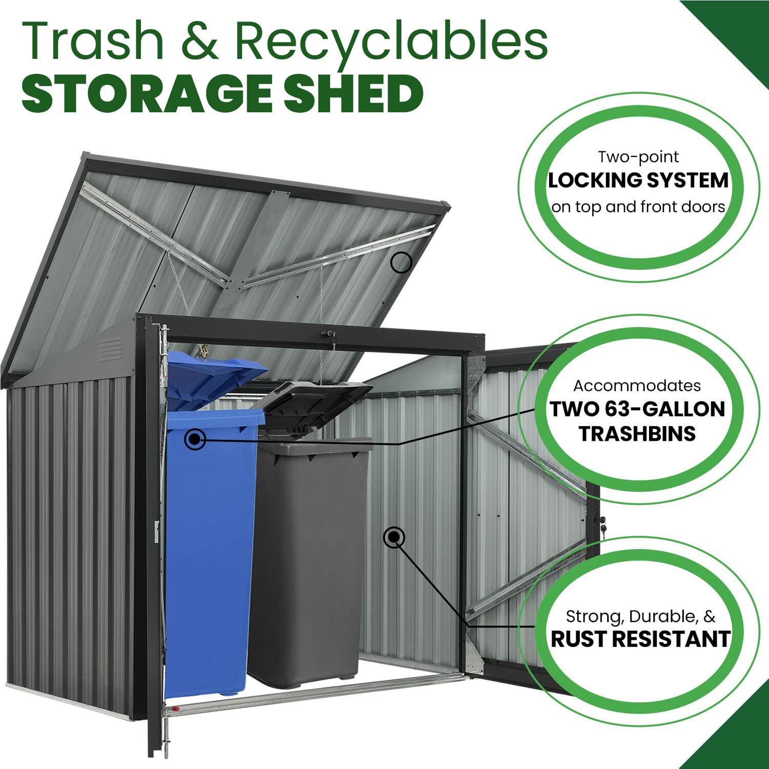 Hanover Outdoor Storage Shed for Trash & Recycling Bins - 3.3x5.2x4.4ft Galvanized Steel Pent Roof Shed with 2-Point Locking System - Holds 2 Trash Cans - Dark Gray Weatherproof Garbage Can Enclosure - Perfect for Backyard, Garage & Side Yard Waste Management
