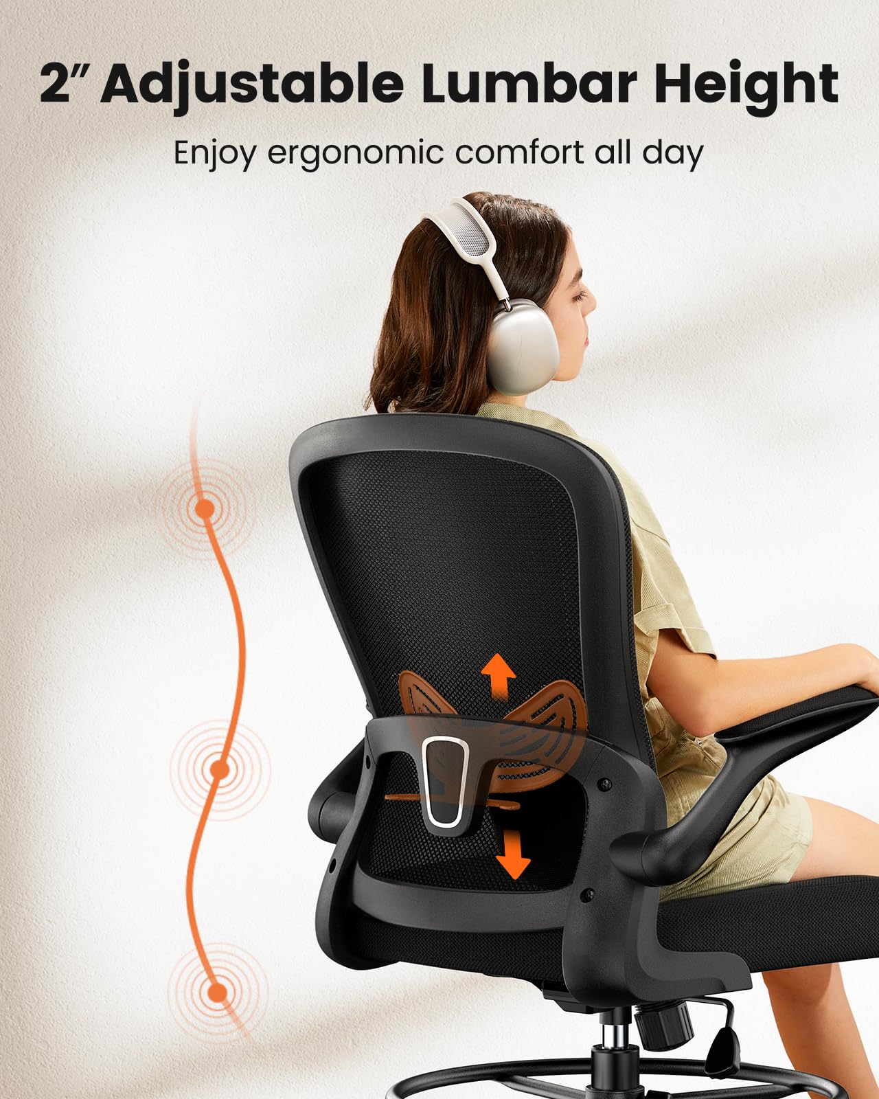 ErGear Adjustable Drafting Chair with Flip-Up Armrests & Footrest - Ergonomic High Desk Chair for Standing Desks - Office Chair with Lumbar Support - Perfect for Artists, Architects & Home Office Workspaces