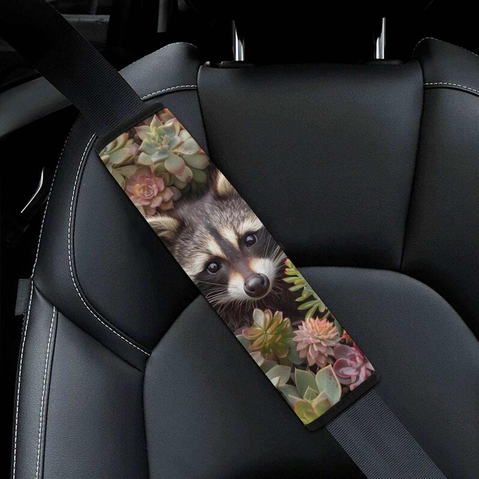 Adorable Raccoon & Succulents Car Seat Belt Cushions - Soft Shoulder Strap Pads (2-Pack) | Comfortable Car Accessories for Long Drives & Road Trips