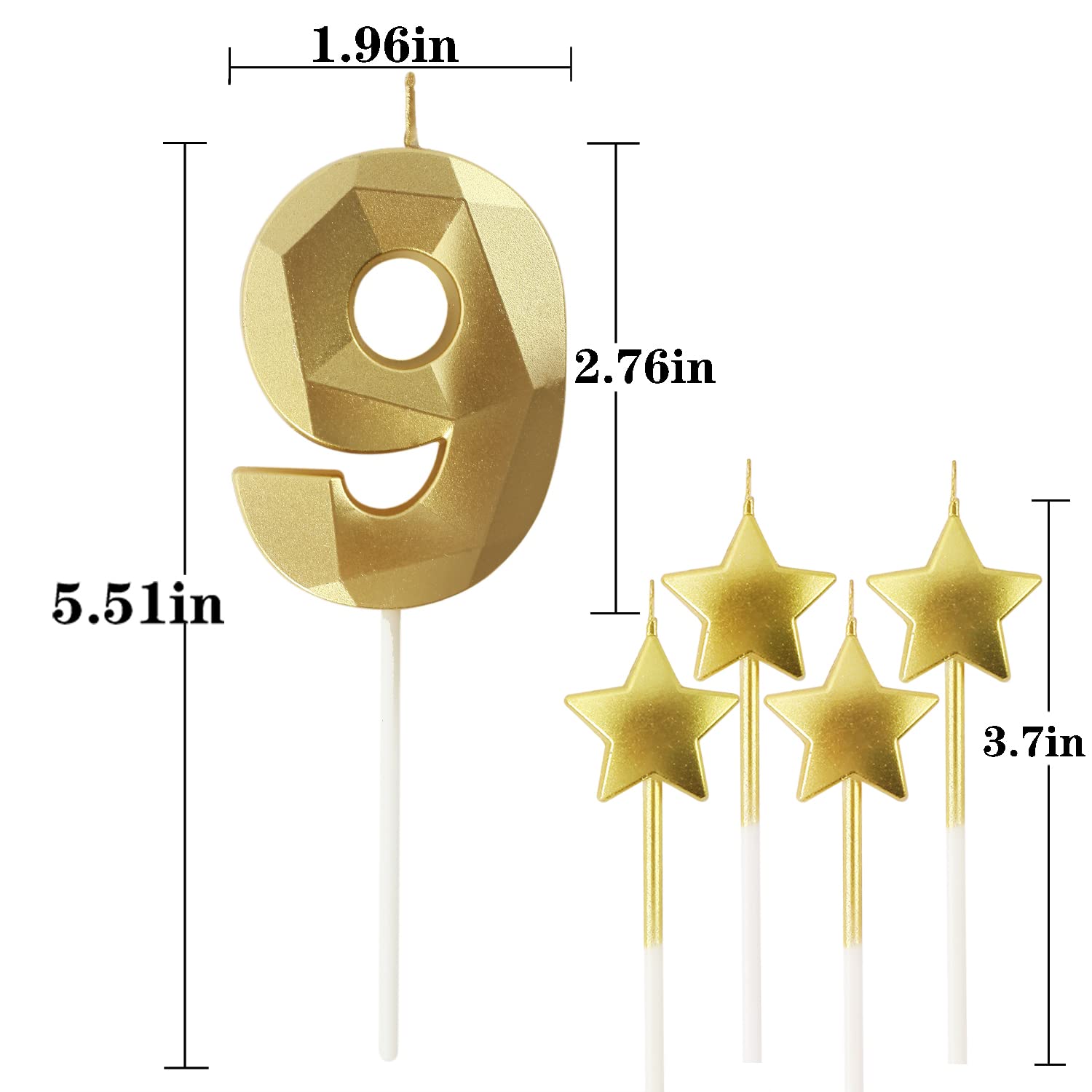 Golden Number 9 & Star Birthday Candles - 2.76 Inch 3D Diamond Shaped Cake Candles for Birthday Parties, Anniversary Decorations | Premium Gold 9 Candles for Cakes, Cupcakes & Special Celebrations