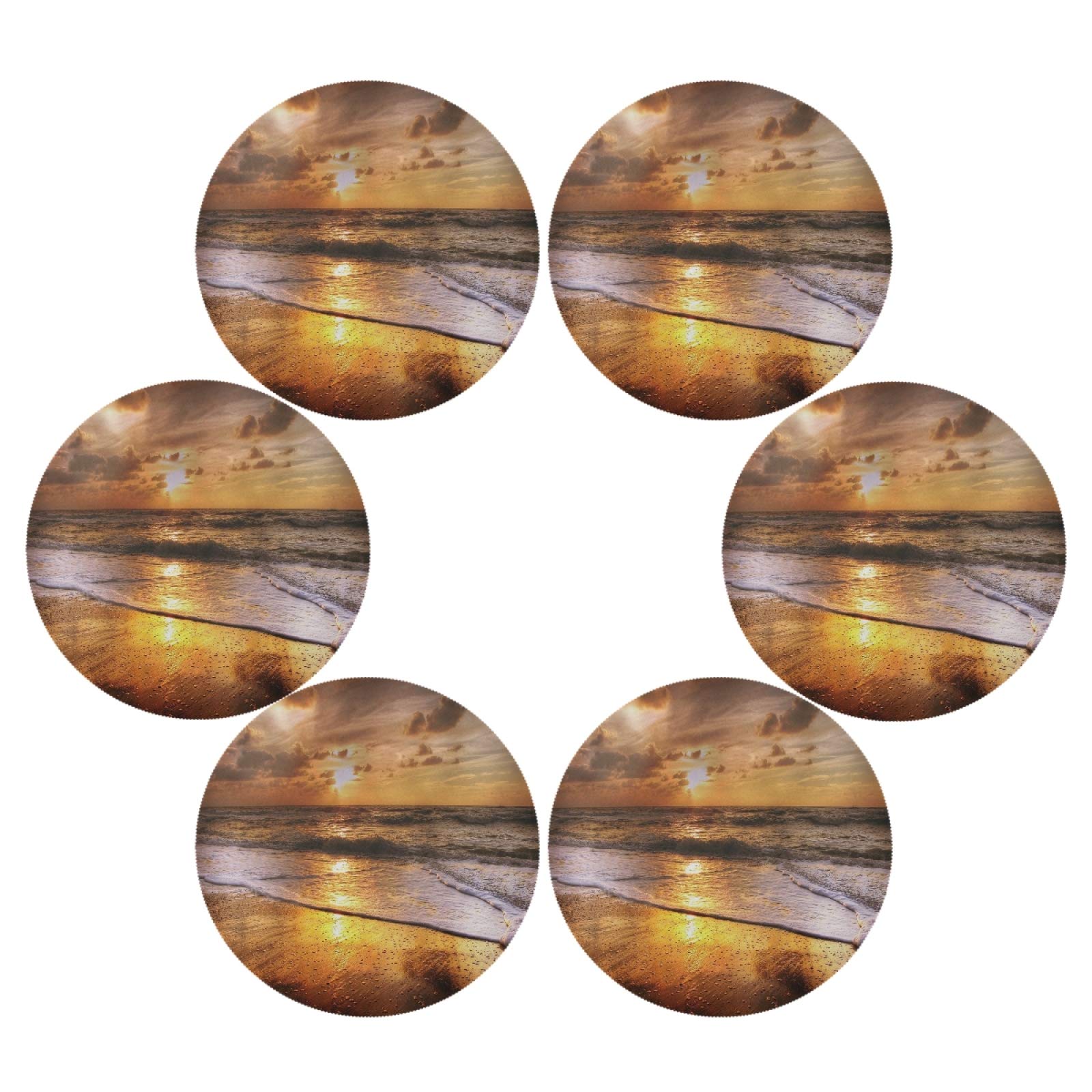 6-Piece Round Heat-Resistant Placemats Set - Sunset Sea Beach Design for Dining Table, Kitchen, Party & Home Decor | Washable & Durable for Everyday Use | Perfect for Indoor/Outdoor Dining, Entertaining & Daily Meals