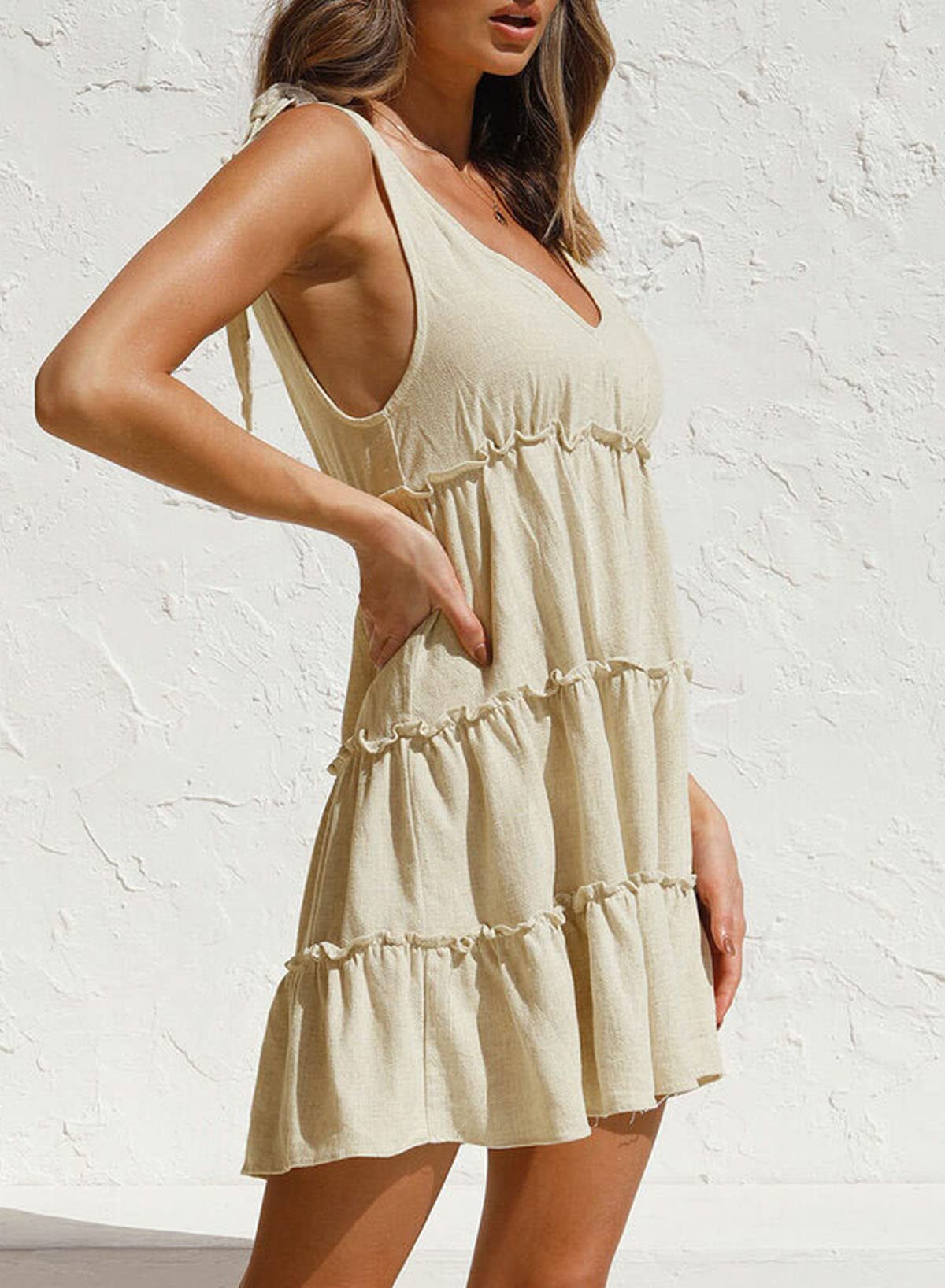 Anloli Women's Summer V-Neck Tie Strap Ruffle Sleeveless Mini Linen Dress - Perfect for Beach Vacations, Date Nights & Casual Outings