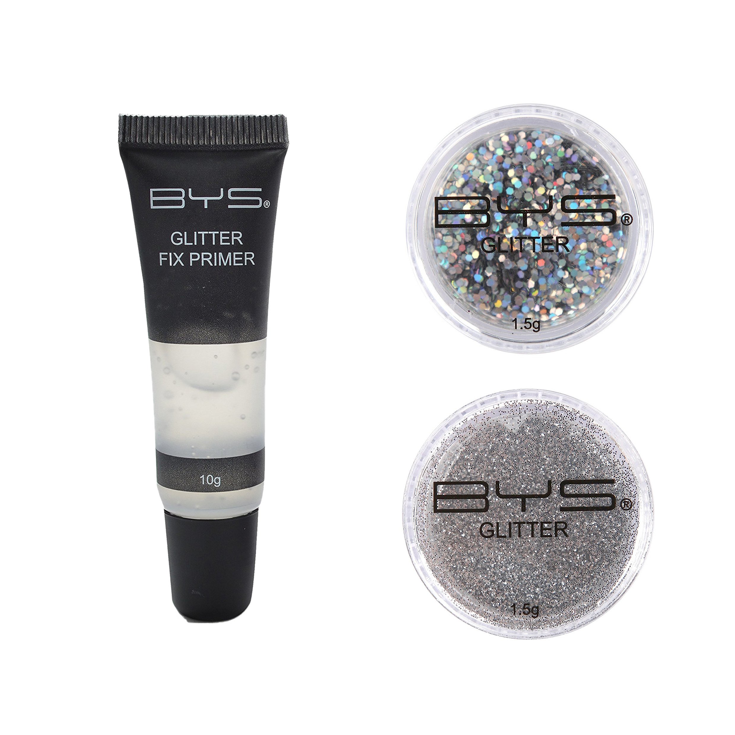 BYS Glitter Face and Body Kit with Primer - Silver | Shimmer Makeup Set for Festival, Halloween, Cosplay & Body Art | Vegan & Cruelty-Free