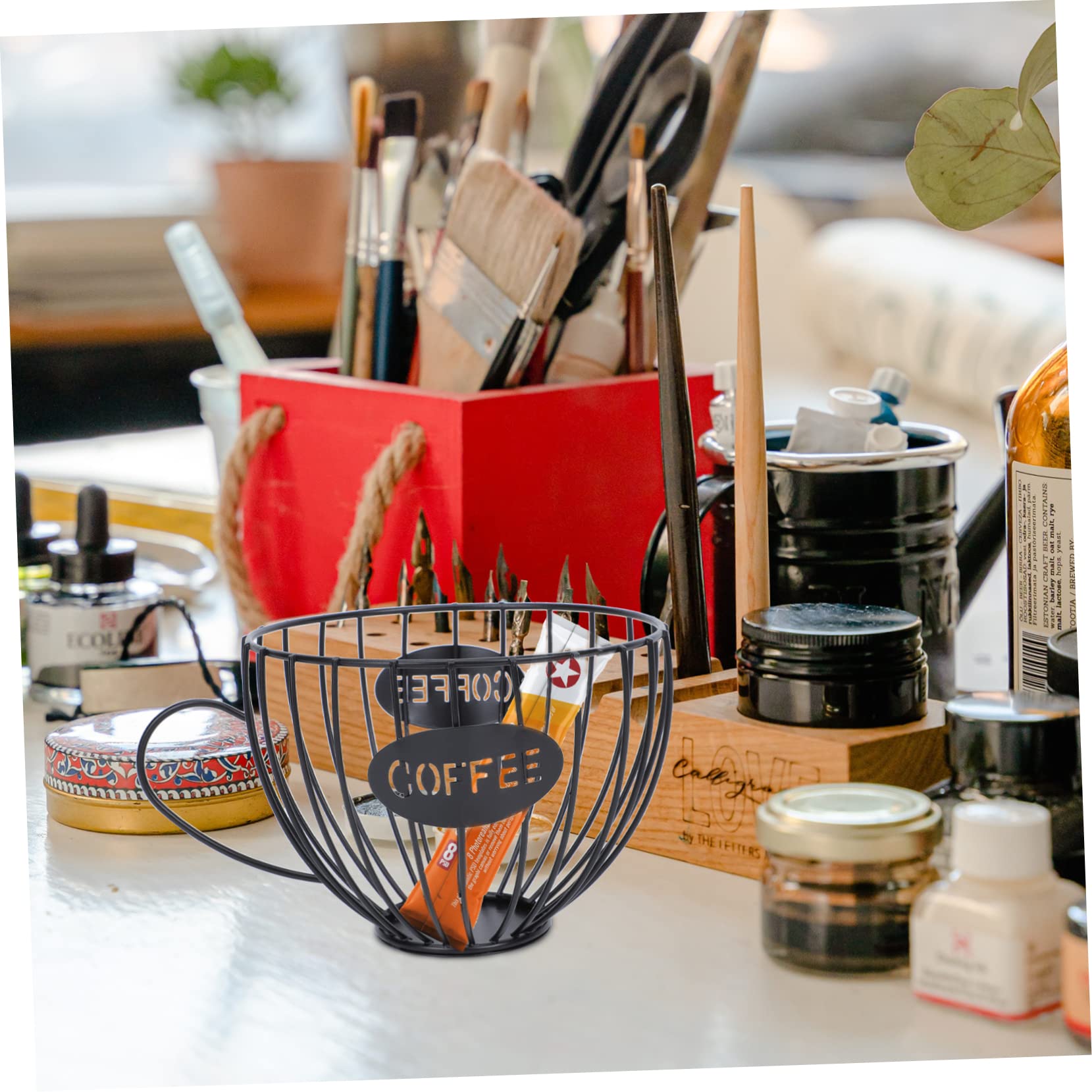 DOITOOL Metal Wire Coffee Storage Basket - Organizer for Espresso Glasses, Bread & Snacks - Rustic Office & Kitchen Countertop Decor - Perfect for Coffee Bars, Bakeries & Home Use
