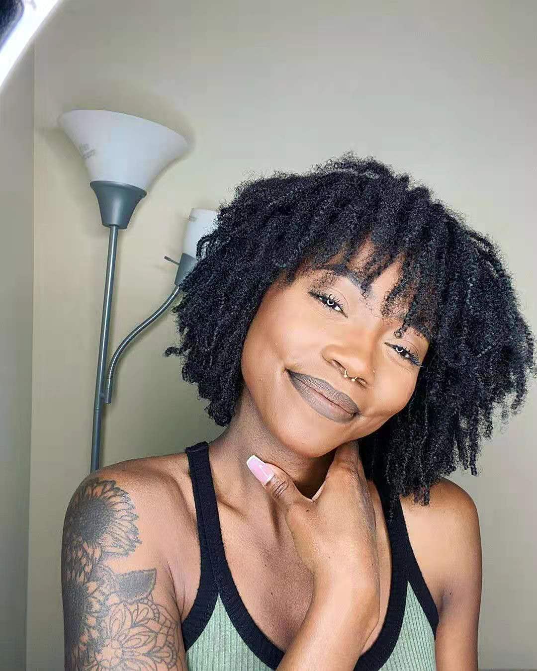 Kinky Curly Glueless Lace Front Human Hair Wig with Bangs - 3C 4A Coily Brazilian Remy Hair - 150% Density Full Machine Made - Perfect for Daily Wear, Cosplay & Special Occasions